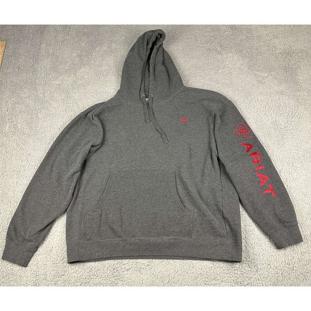 Ariat Hoodie Mens XL Gray Red Logo Sweatshirt Pullover Spellout Kangaroo Pocket